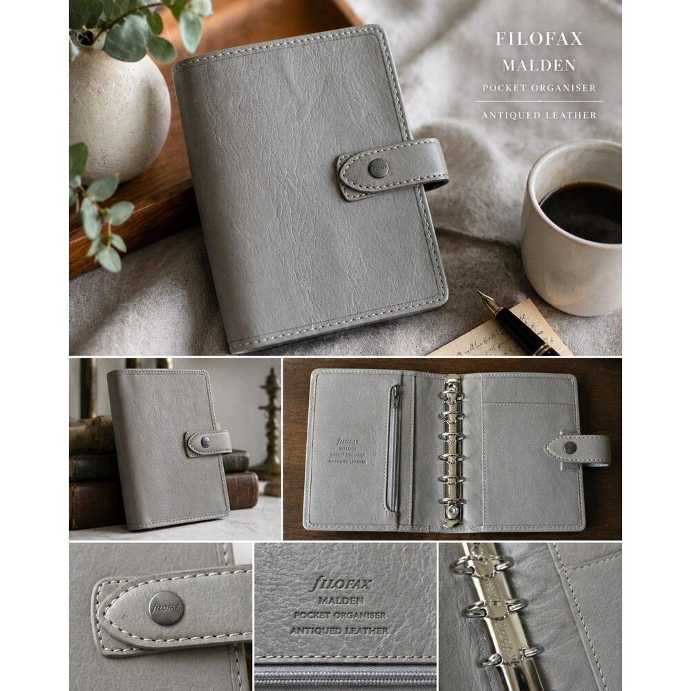 Filofax Malden Pocket Organizer Gray Antiqued Leather Planner Binder Zip Pocket